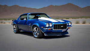 A sleek, high performance 1970 blue chevrolet camaro